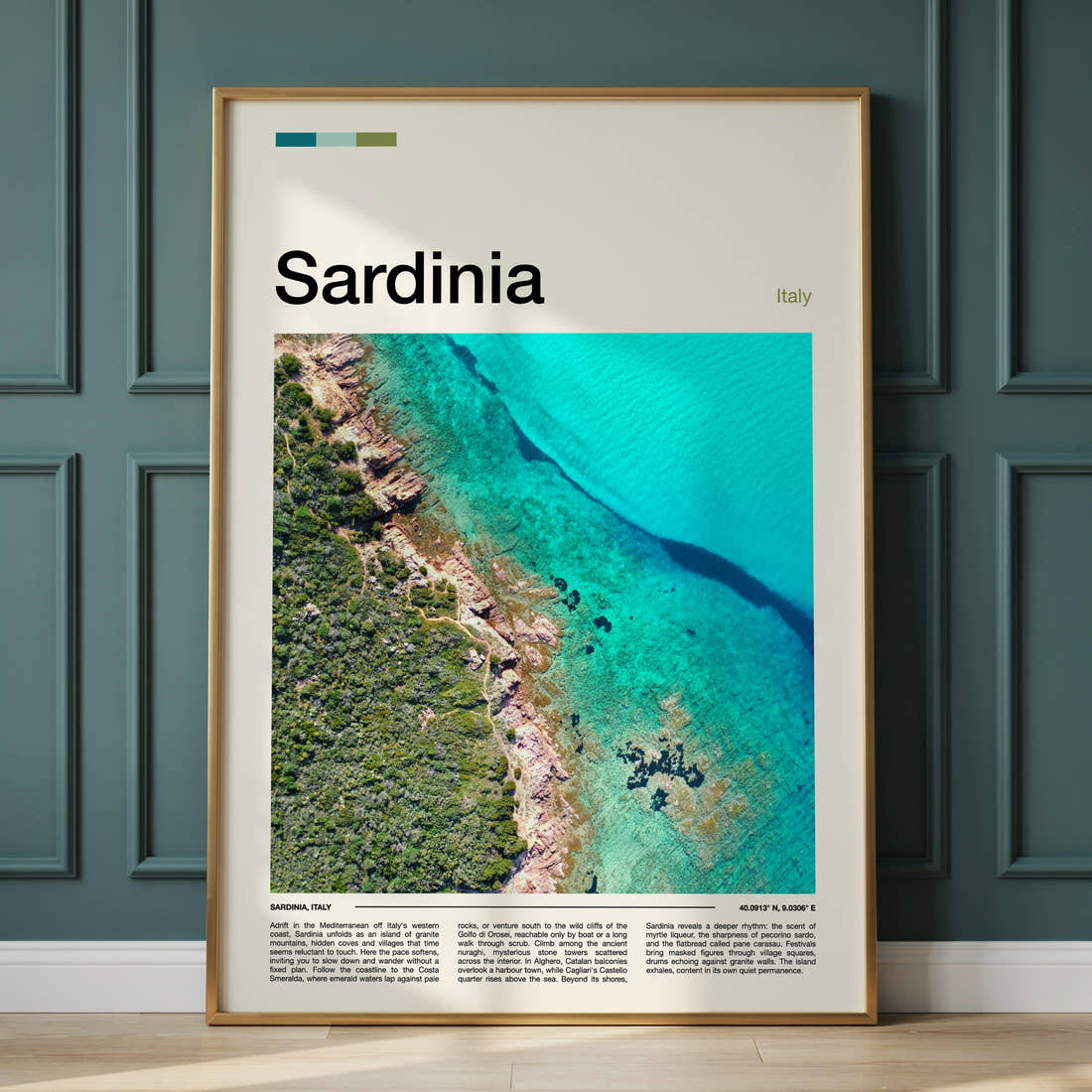 Sardinia Aerial Coastline View Travel Print framed on the wall of a calm, neutral bedroom