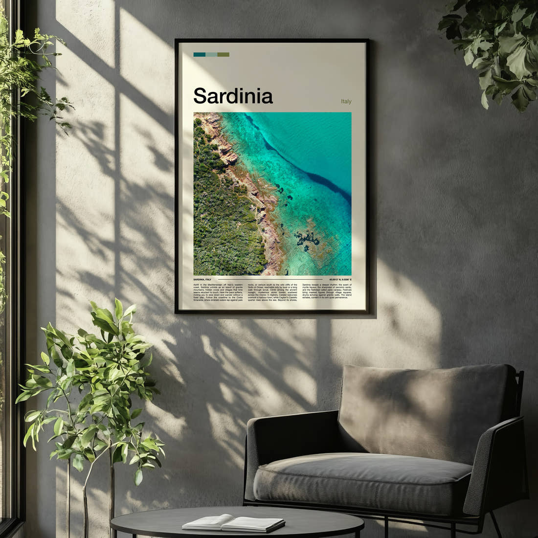 Sardinia Aerial Coastline View Travel Print framed on the wall of a relaxed living room