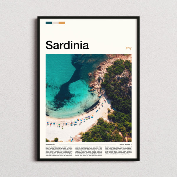 Sardinia Turquoise Cove Aerial Travel Print framed and photographed straight on