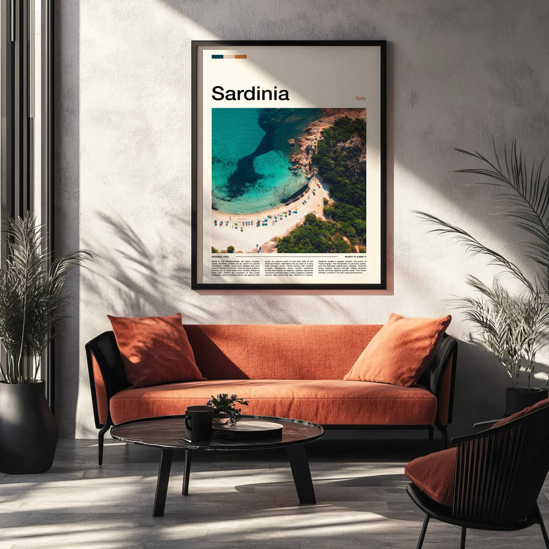 Sardinia Turquoise Cove Aerial Travel Print framed on the wall of a modern living room
