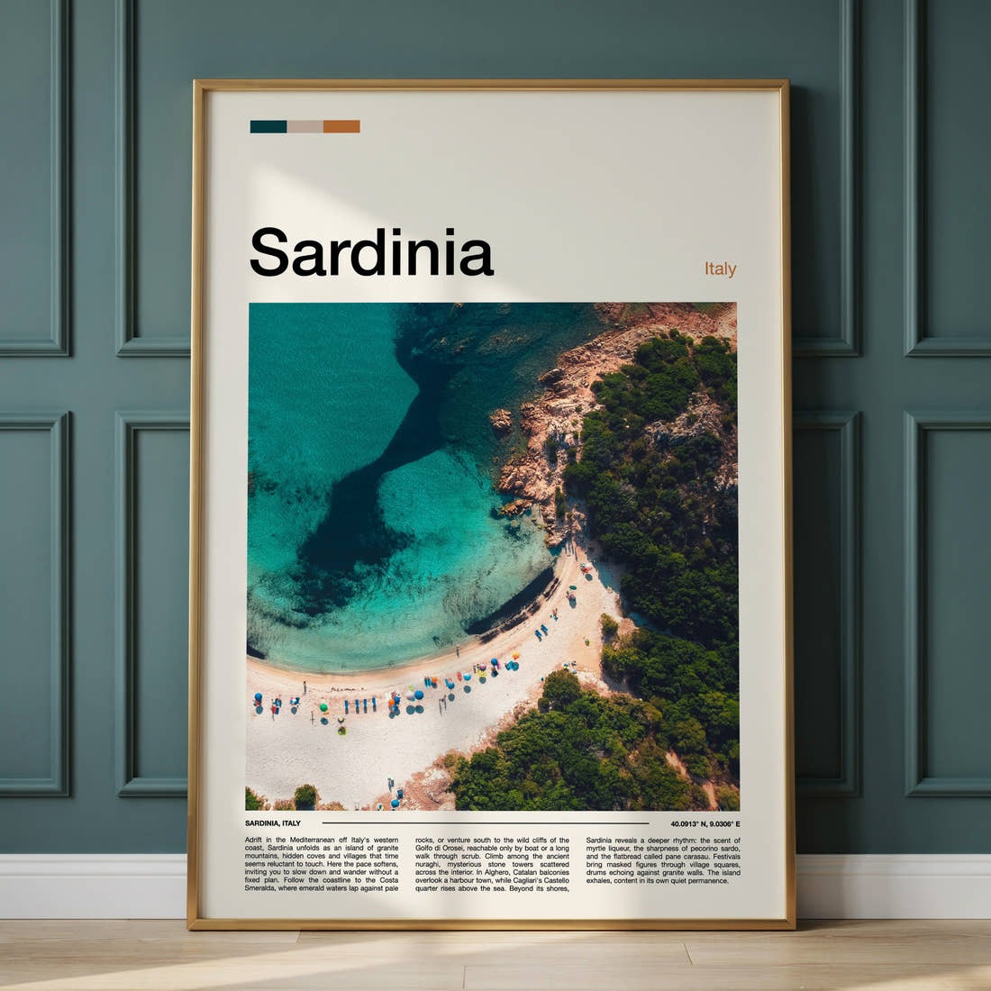 Sardinia Turquoise Cove Aerial Travel Print framed on the wall of a calm, neutral bedroom