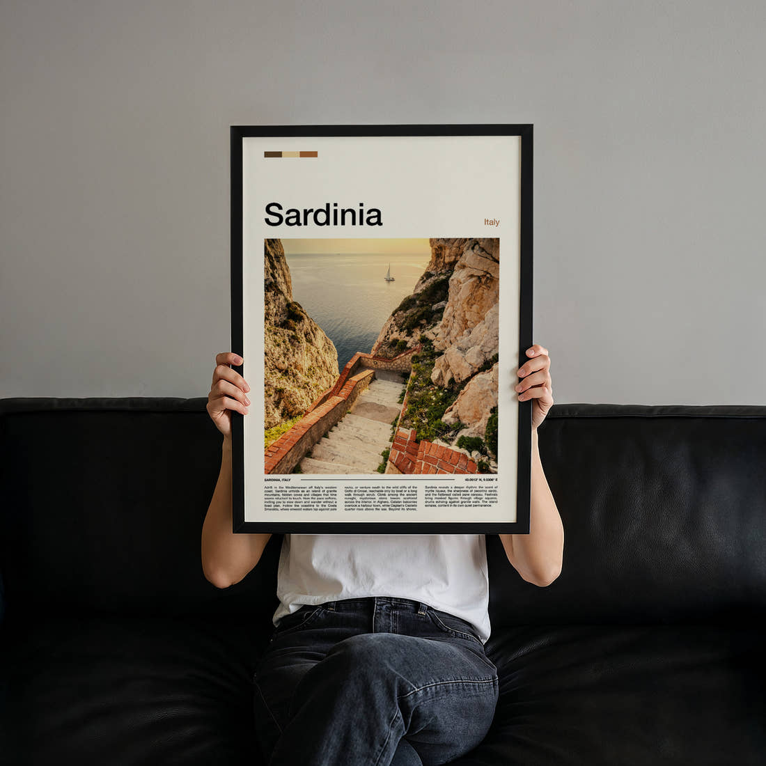 Sardinia Coastal Stone Staircase Travel Print held up by hand to show the size of the print
