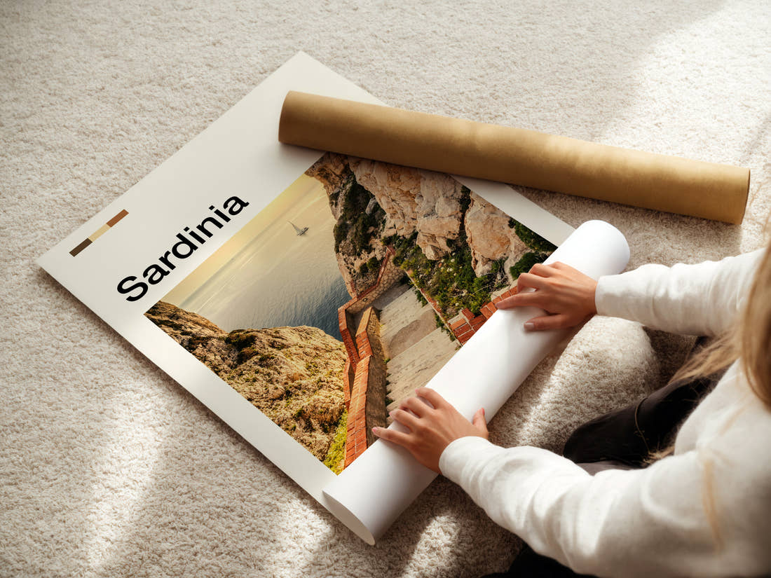 Sardinia Coastal Stone Staircase Travel Print being unrolled from its postal tube