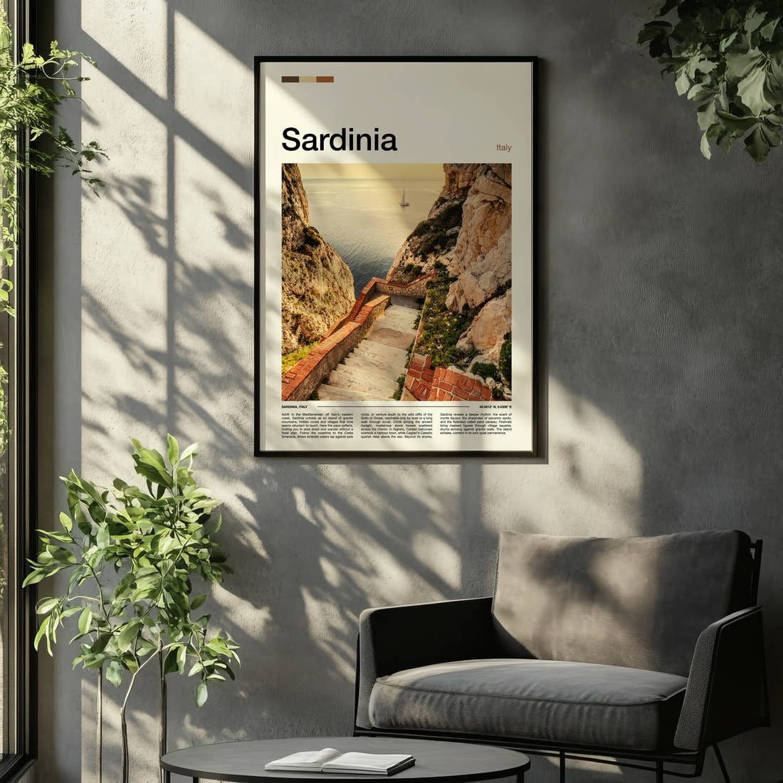 Sardinia Coastal Stone Staircase Travel Print framed on the wall of a relaxed living room