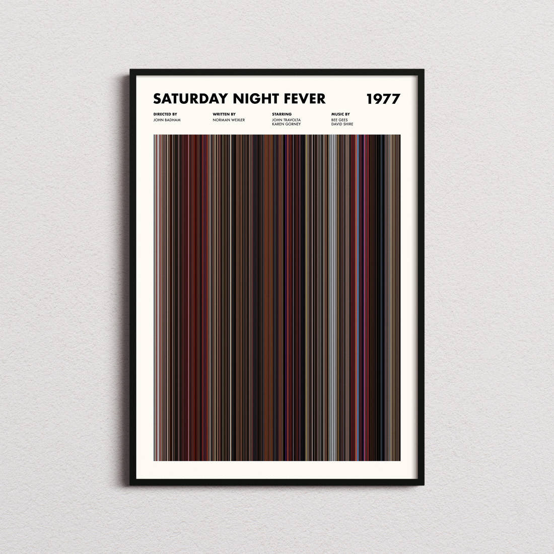 Saturday Night Fever Movie Barcode Poster framed on a plain studio wall