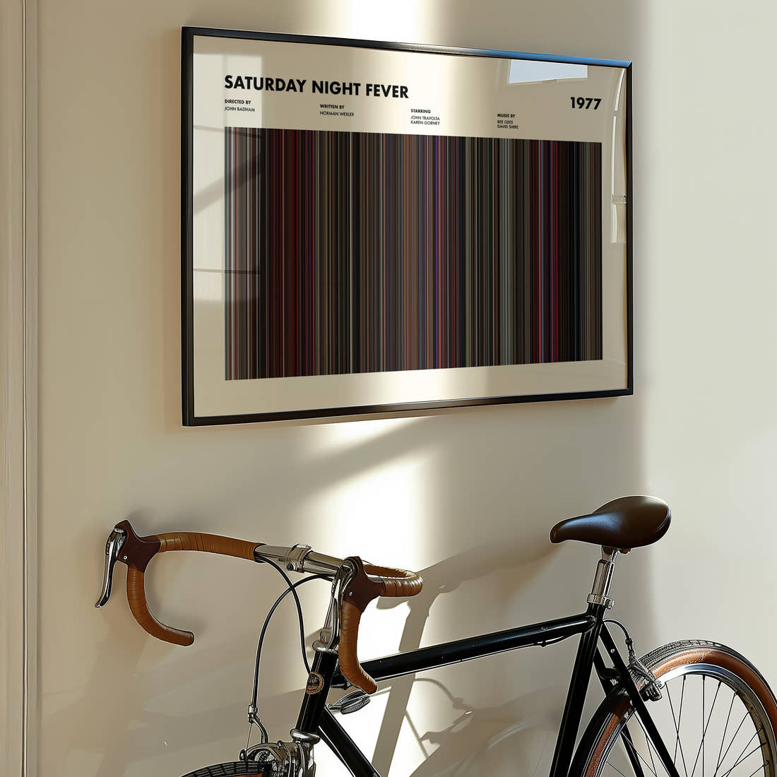 Saturday Night Fever Movie Barcode Poster framed on the wall of a styled room setting