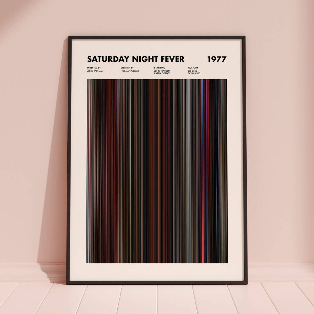 Saturday Night Fever Movie Barcode Poster framed and leaning against a coloured wall