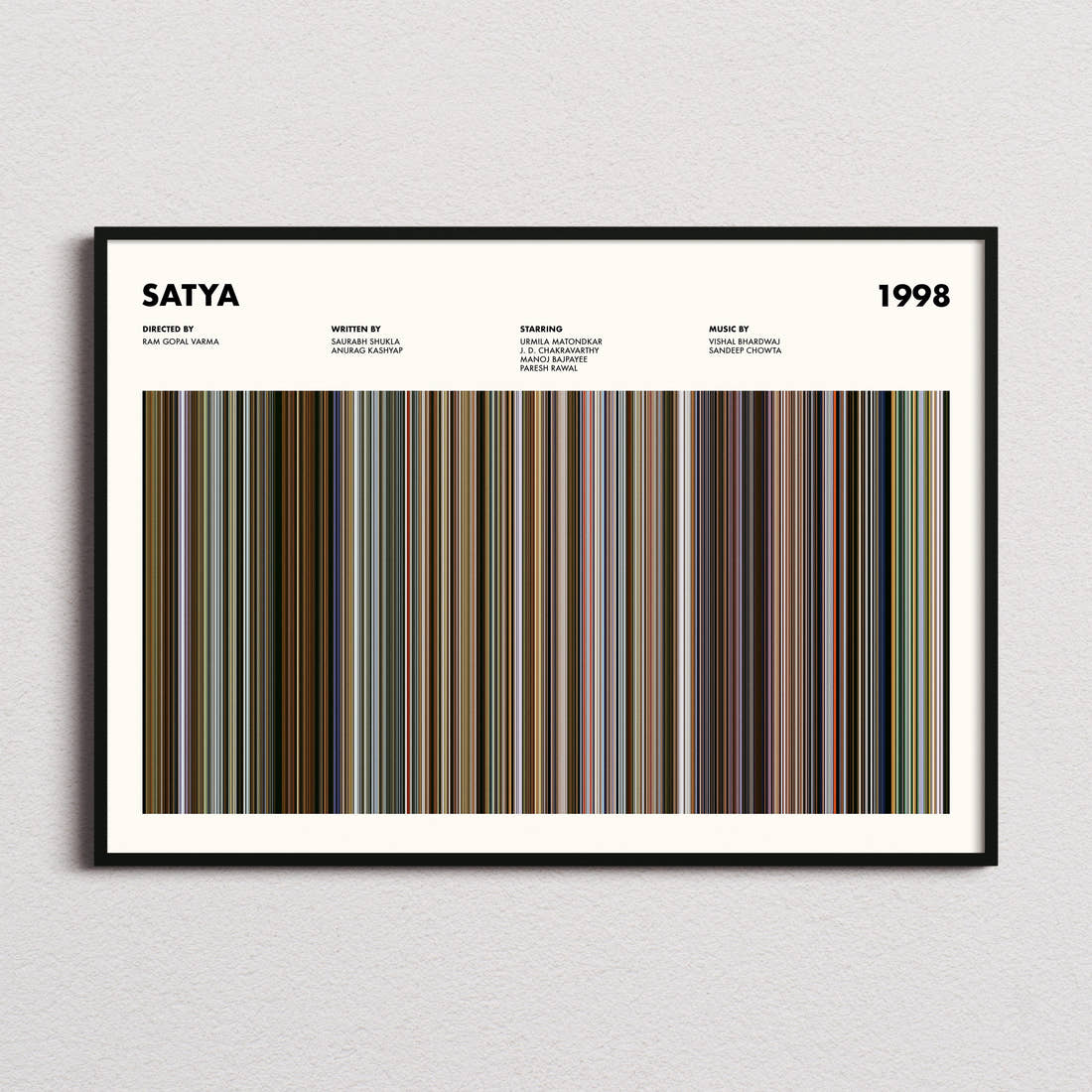 Satya Movie Barcode Poster framed and photographed straight on