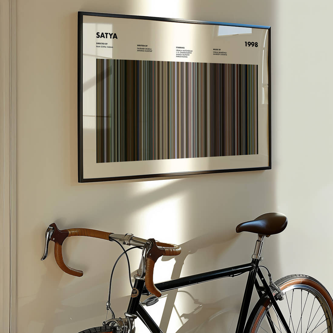 Satya Movie Barcode Poster framed on the wall of a styled room setting