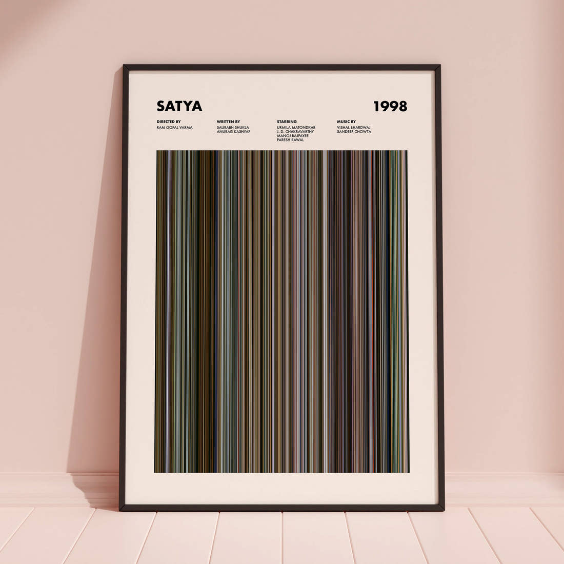 Satya Movie Barcode Poster framed and leaning against a coloured wall
