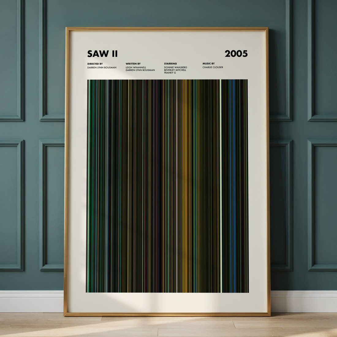 Saw 2 Movie Barcode Poster framed and leaning against a panelled wall
