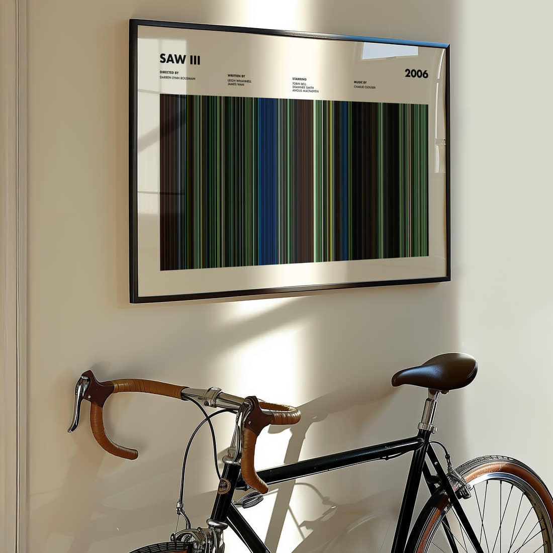 Saw III Movie Barcode Poster framed on the wall of a styled room setting