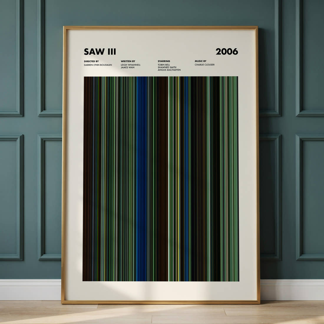 Saw III Movie Barcode Poster framed and leaning against a panelled wall