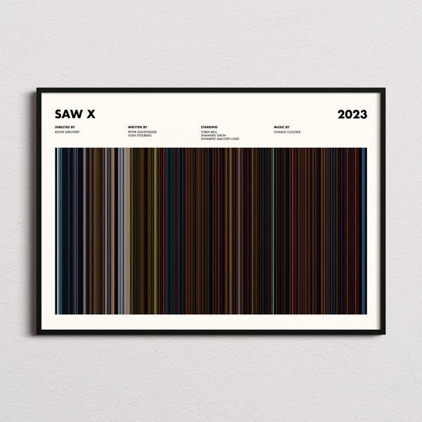 Saw X Movie Barcode Poster framed and photographed straight on