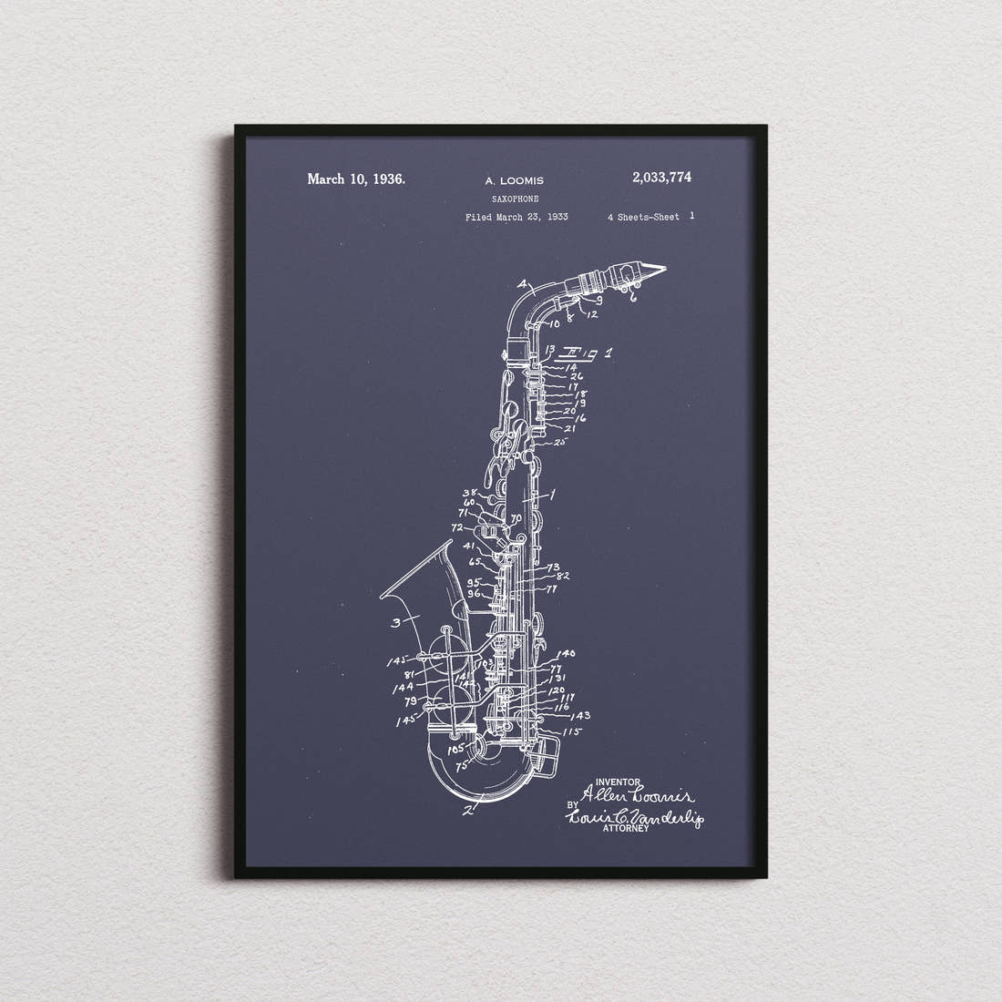 Saxophone Patent Print in the navy colourway, framed