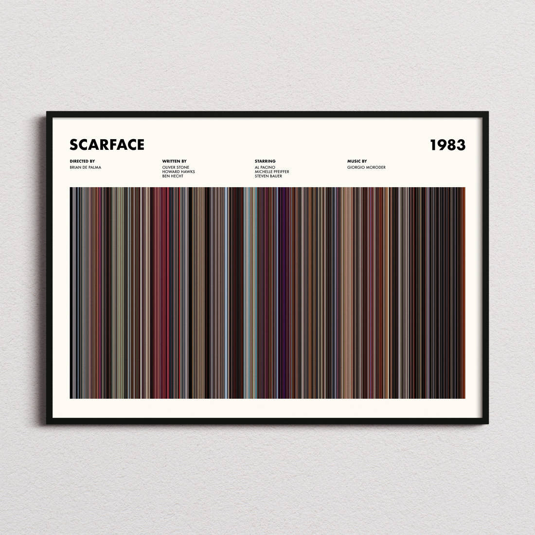 Scarface Movie Barcode Poster framed and photographed straight on