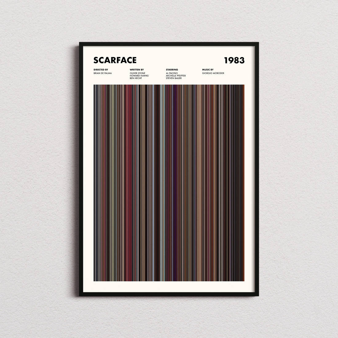Scarface Movie Barcode Poster framed on a plain studio wall
