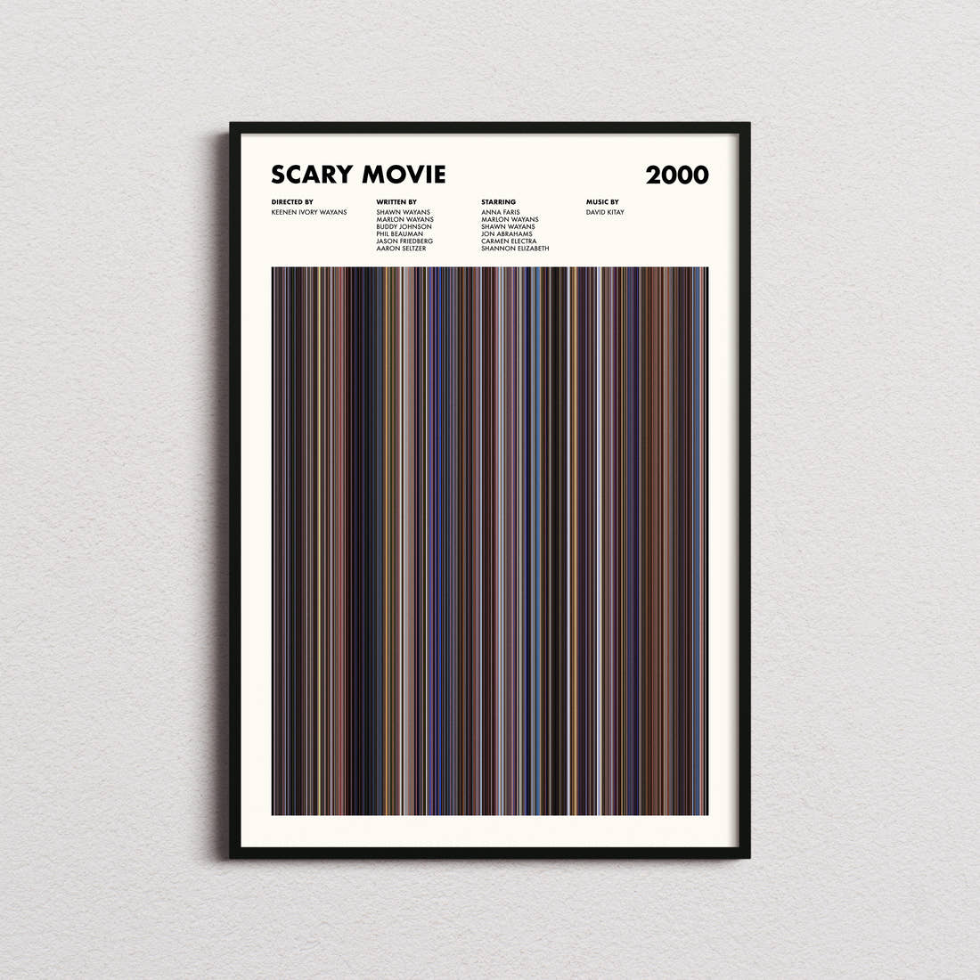 Scary Movie Movie Barcode Poster framed on a plain studio wall