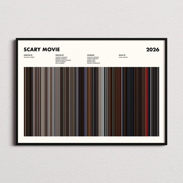 Scary Movie 2026 Movie Barcode Poster framed and photographed straight on