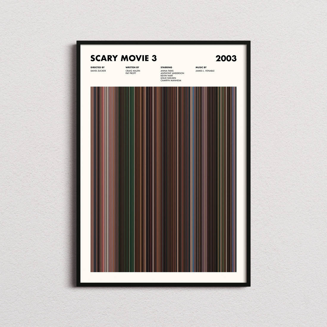 Scary Movie 3 Barcode Poster Movie Barcode Poster framed on a plain studio wall