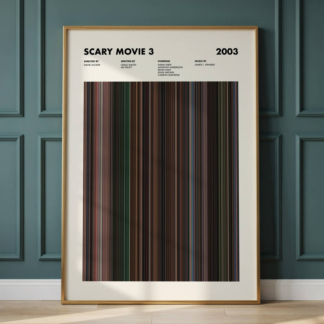 Scary Movie 3 Barcode Poster Movie Barcode Poster framed and leaning against a panelled wall