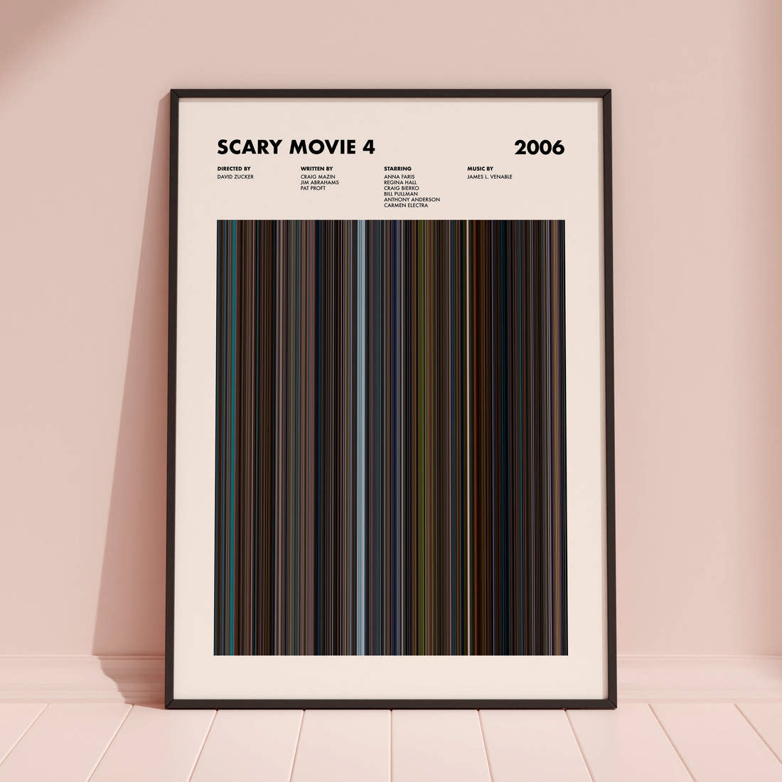 Scary Movie 4 Barcode Poster Movie Barcode Poster framed and leaning against a coloured wall