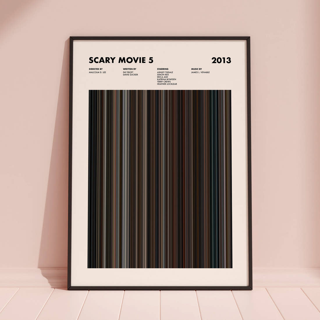 Scary Movie 5 Barcode Poster Movie Barcode Poster framed and leaning against a coloured wall