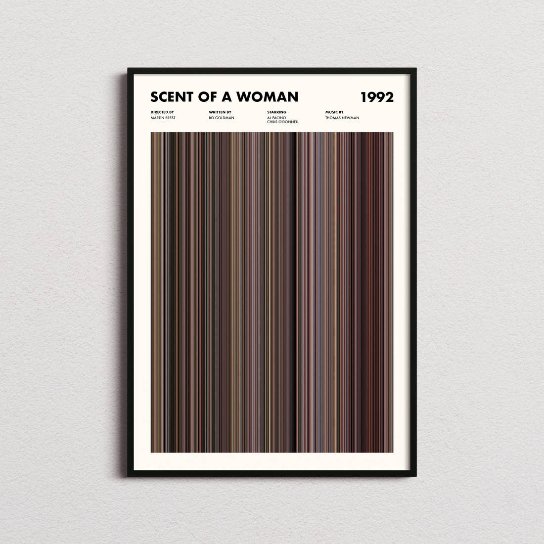 Scent of a Woman Movie Barcode Poster framed on a plain studio wall