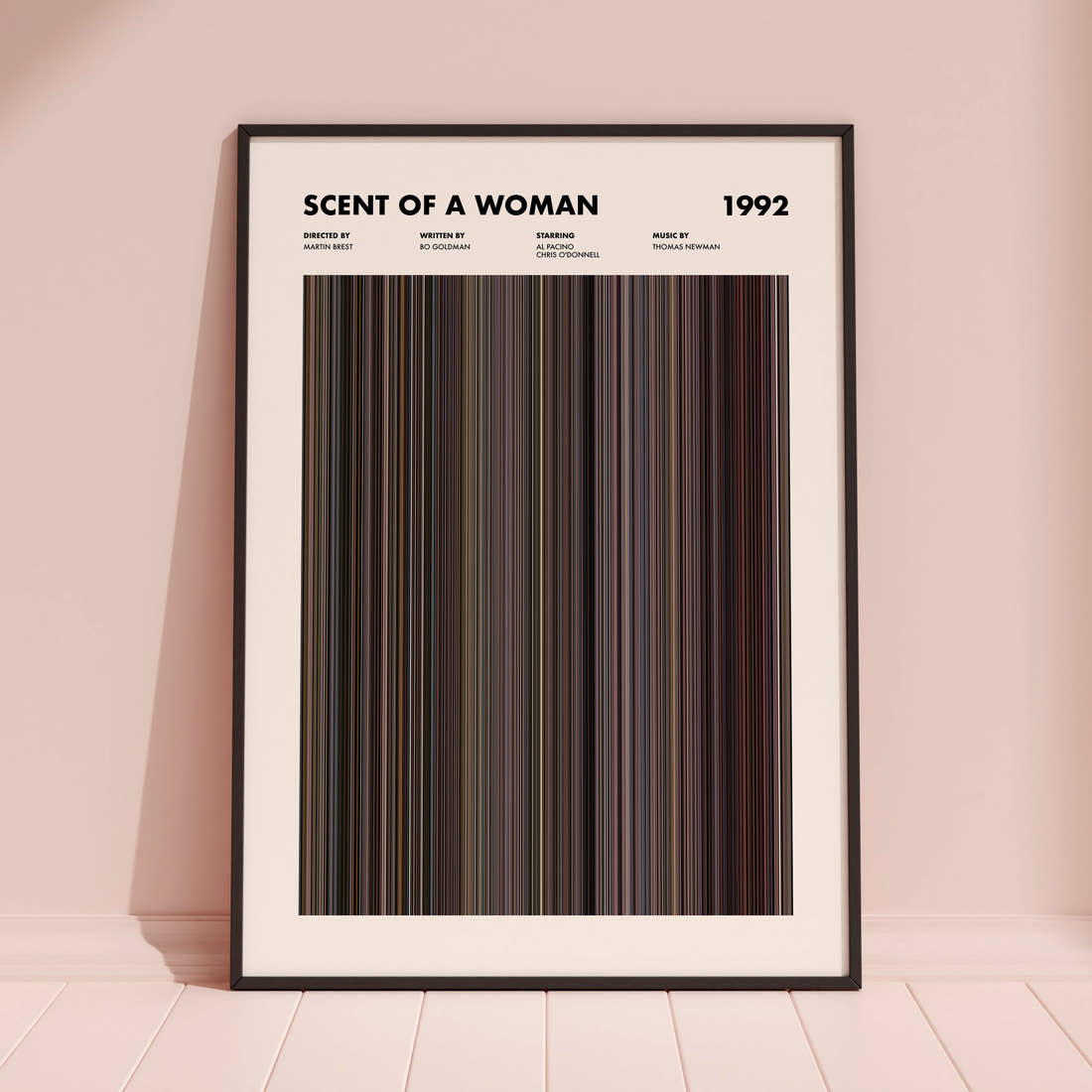Scent of a Woman Movie Barcode Poster framed and leaning against a coloured wall
