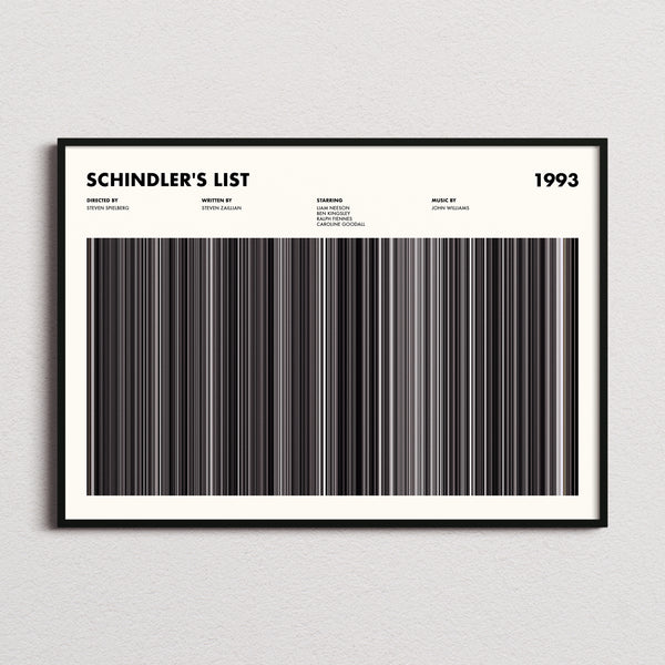 Schindler's List Movie Barcode Poster framed and photographed straight on
