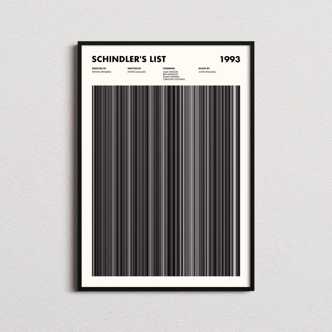 Schindler's List Movie Barcode Poster framed on a plain studio wall