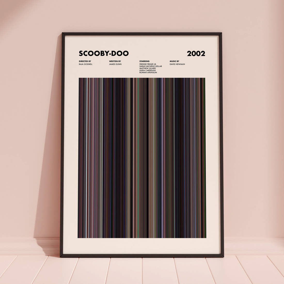Scooby-Doo Movie Barcode Poster framed and leaning against a coloured wall