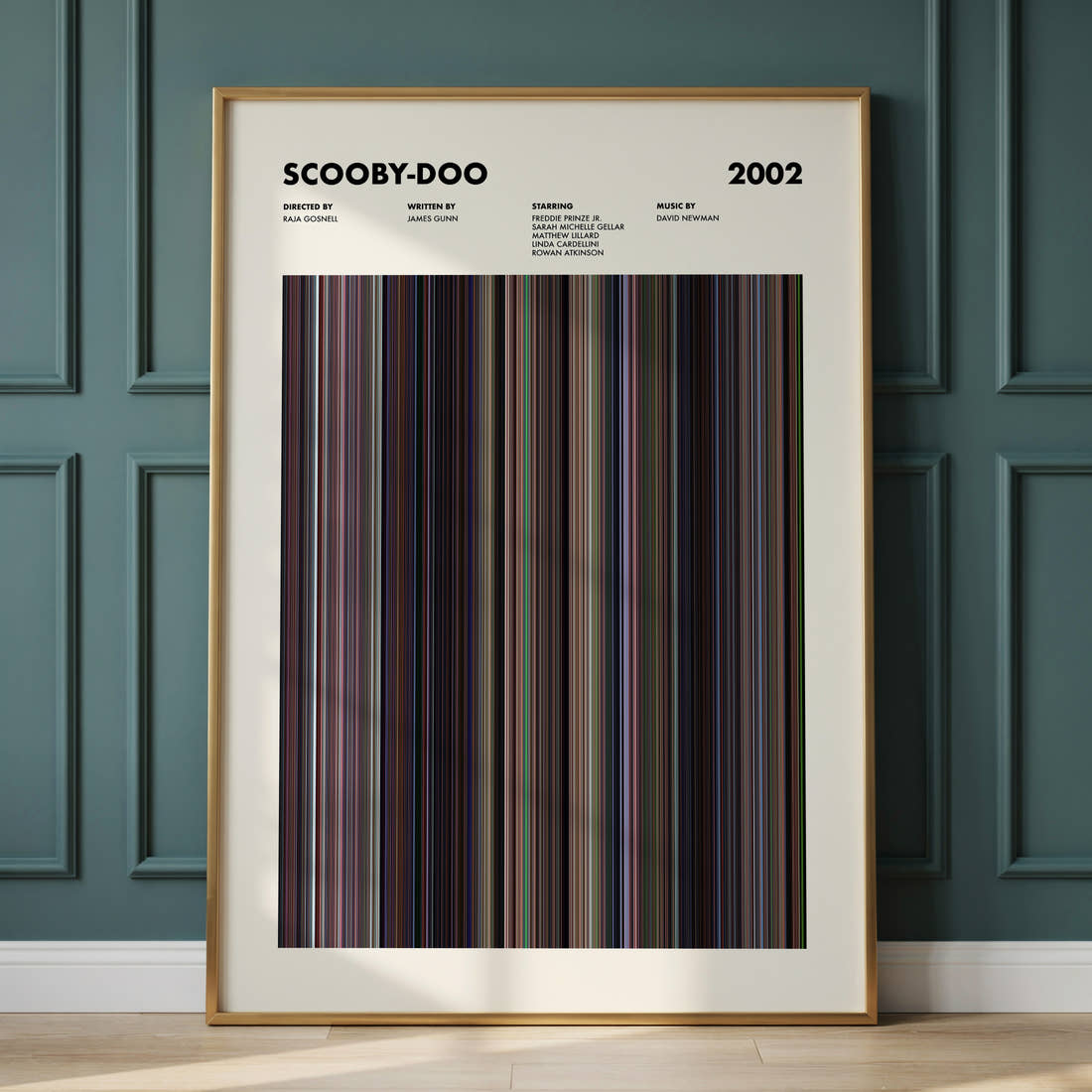 Scooby-Doo Movie Barcode Poster framed and leaning against a panelled wall