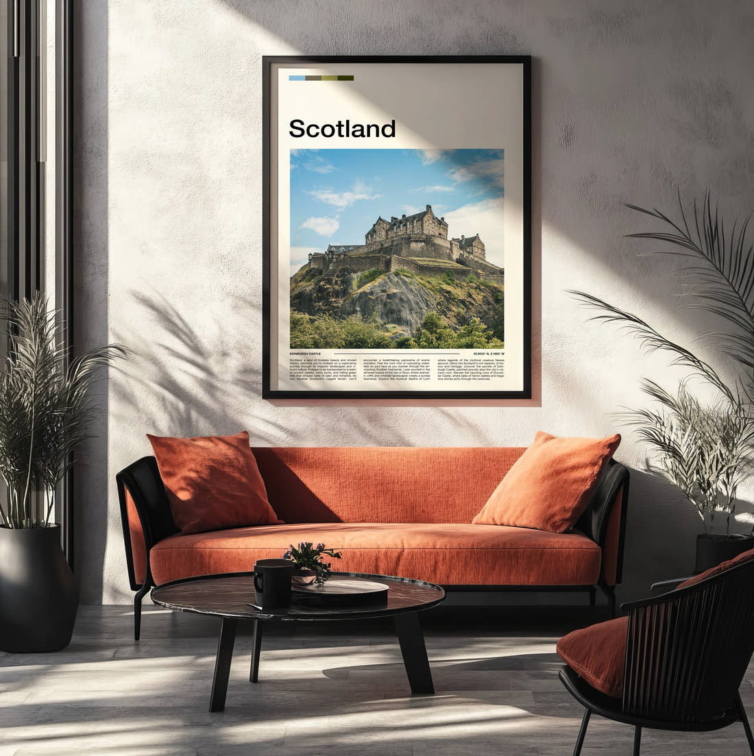 Scotland Edinburgh Castle Travel Print framed on the wall of a modern living room