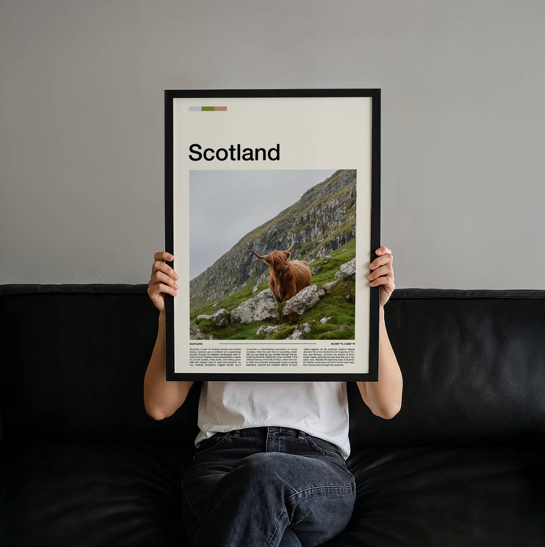 Scotland Highland Cow Travel Print held up by hand to show the size of the print