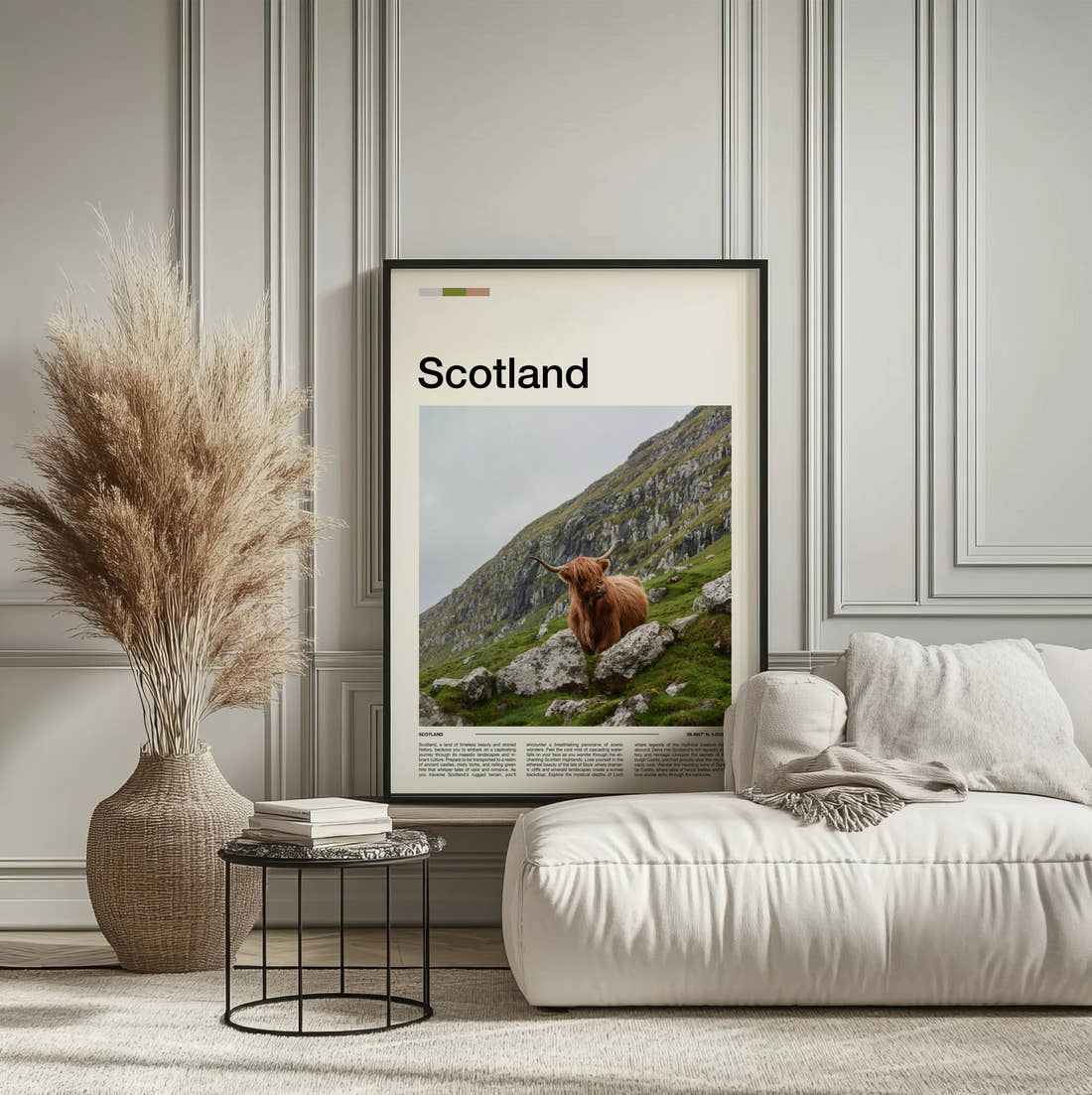Scotland Highland Cow Travel Print framed on the wall of a calm, neutral bedroom