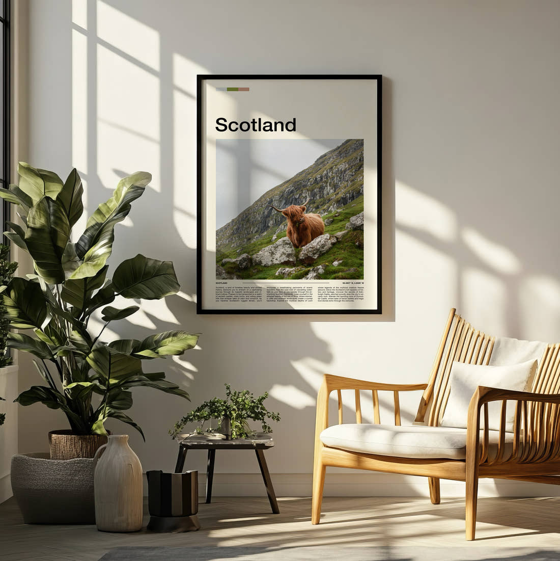 Scotland Highland Cow Travel Print framed on a pale wall beside houseplants