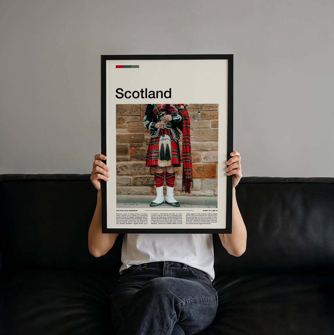 Scotland Bagpiper In Kilt Travel Print held up by hand to show the size of the print