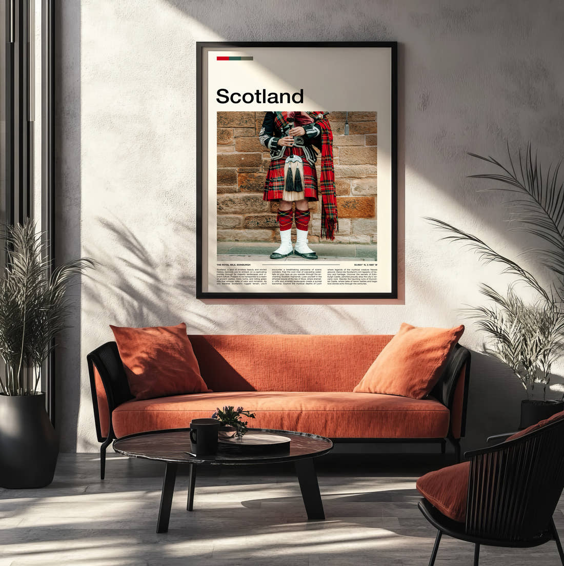 Scotland Bagpiper In Kilt Travel Print framed on the wall of a modern living room
