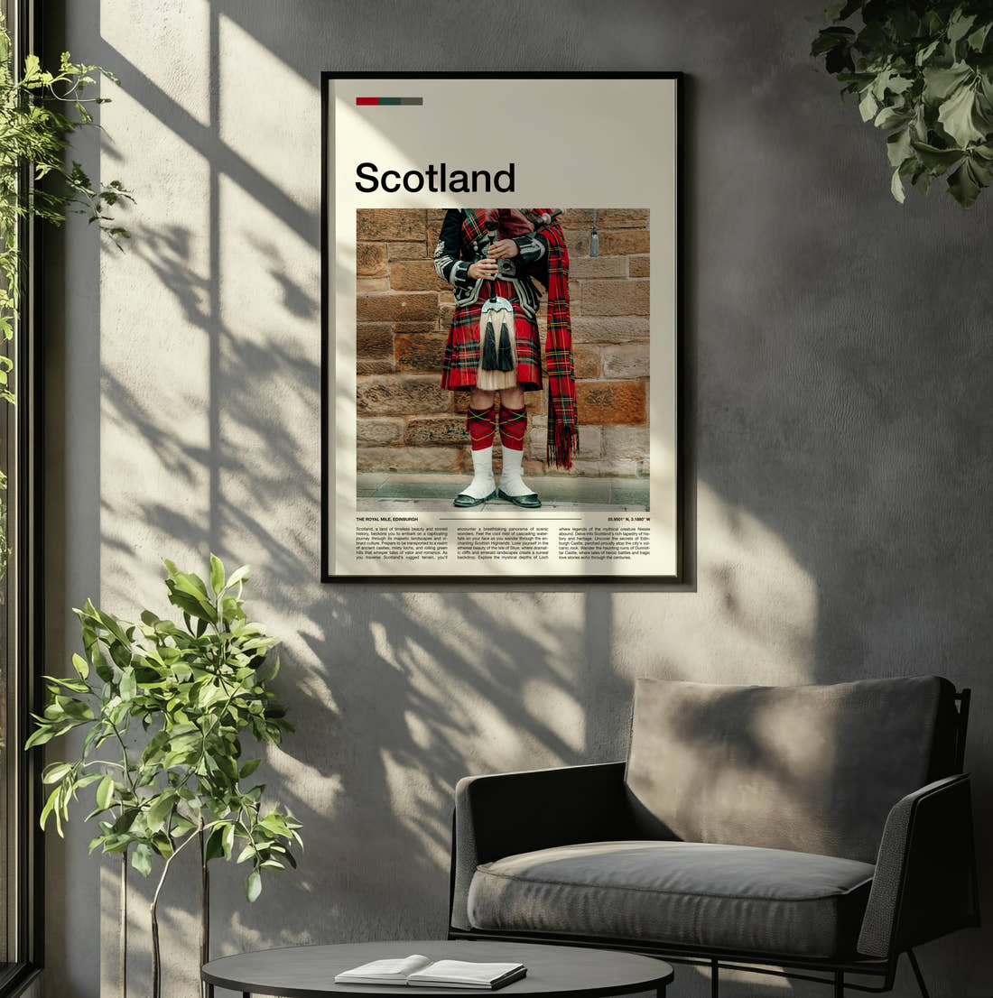 Scotland Bagpiper In Kilt Travel Print framed on the wall of a relaxed living room