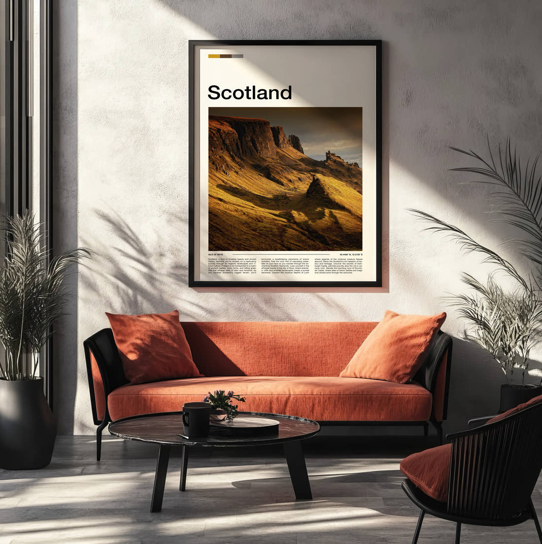 Scotland The Quiraing Travel Print framed on the wall of a modern living room