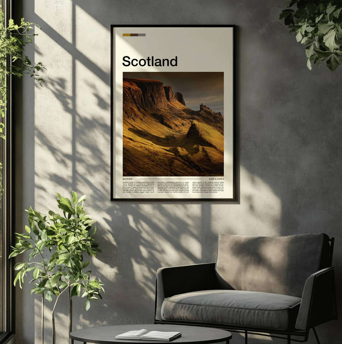 Scotland The Quiraing Travel Print framed on the wall of a relaxed living room