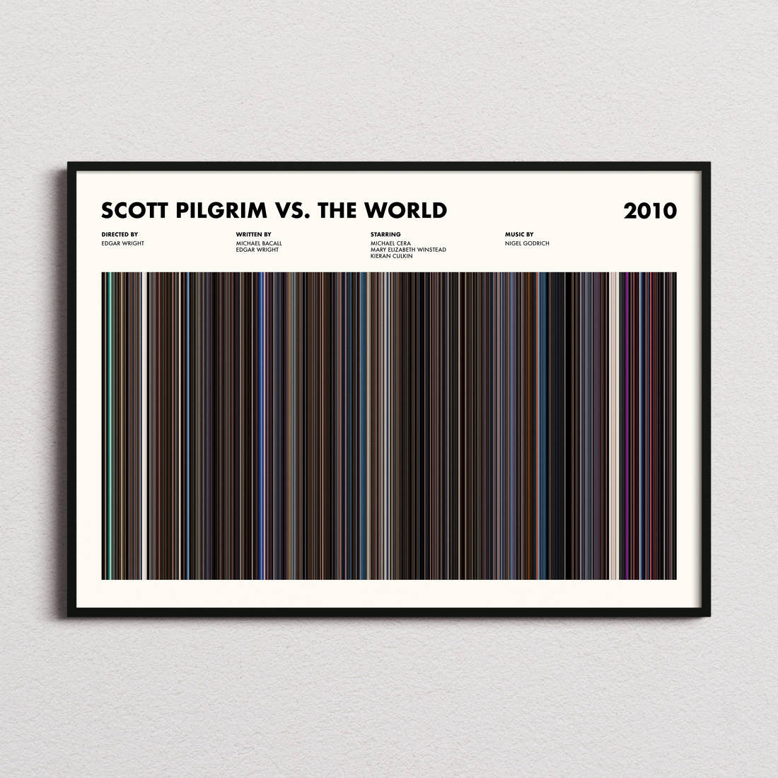 Scott Pilgrim vs. the World Movie Barcode Poster framed and photographed straight on