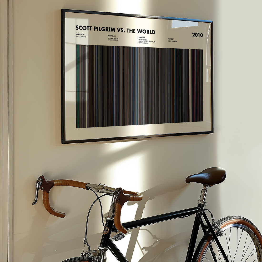 Scott Pilgrim vs. the World Movie Barcode Poster framed on the wall of a styled room setting