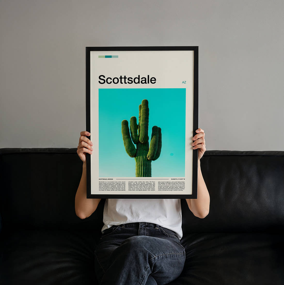 Scottsdale Saguaro Cactus Travel Print held up by hand to show the size of the print