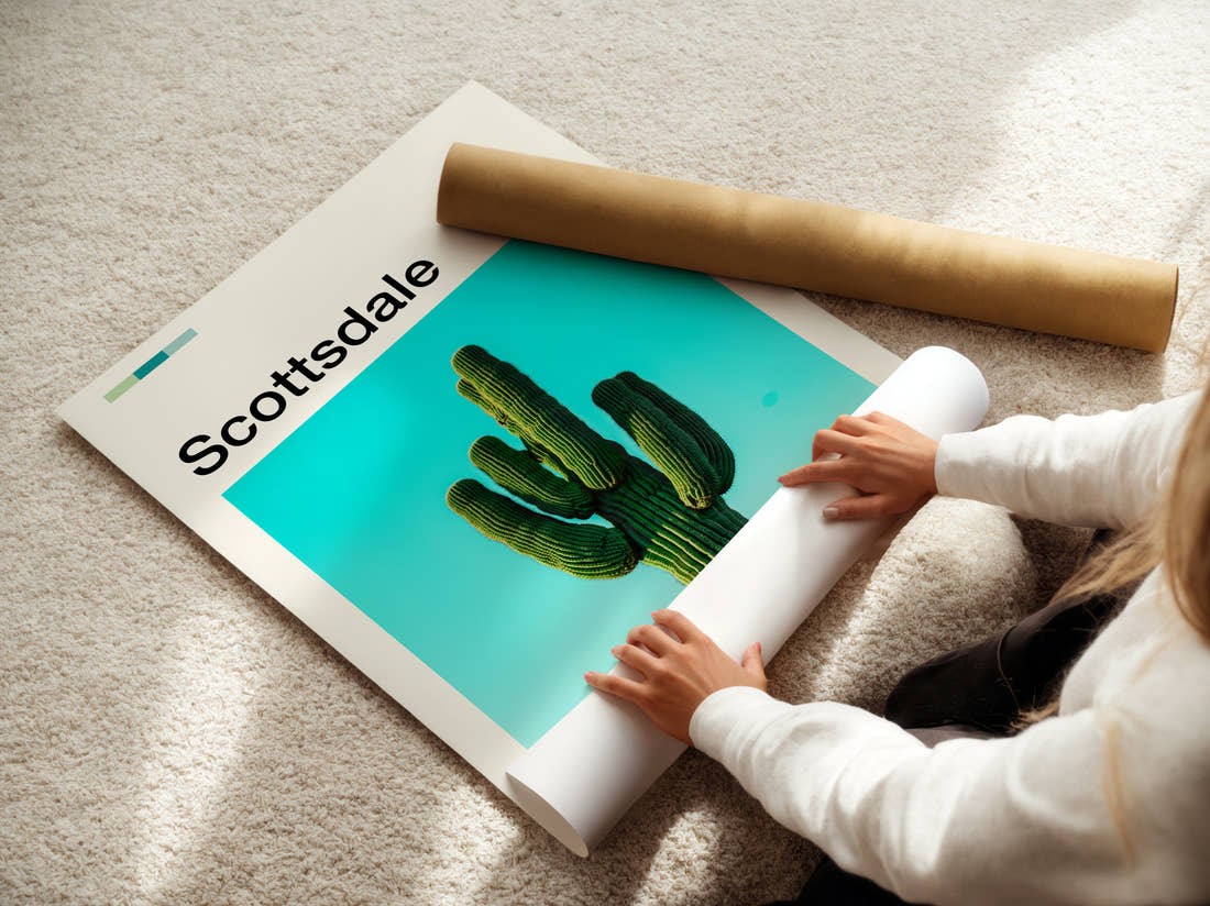 Scottsdale Saguaro Cactus Travel Print being unrolled from its postal tube