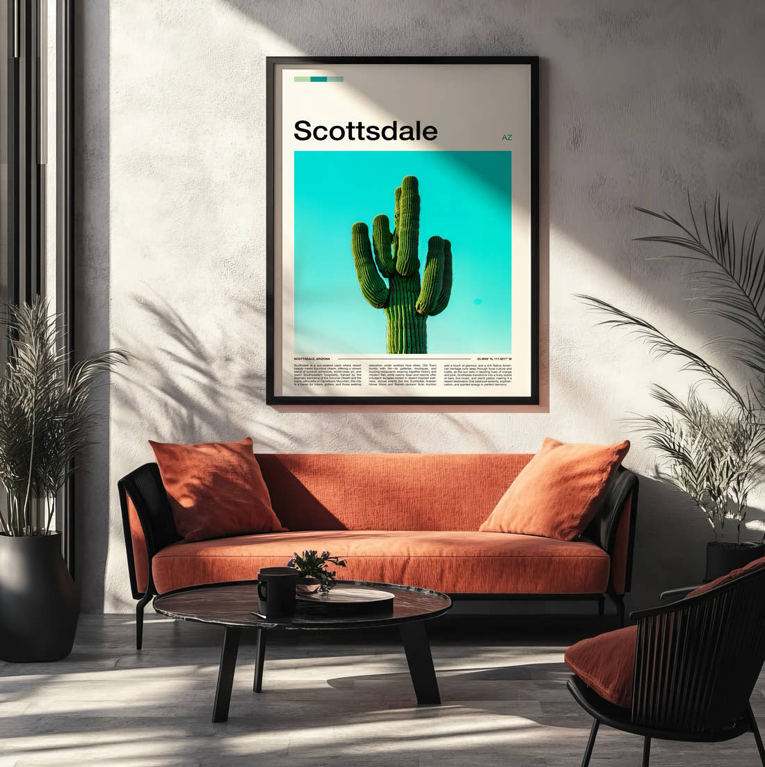 Scottsdale Saguaro Cactus Travel Print framed on the wall of a modern living room