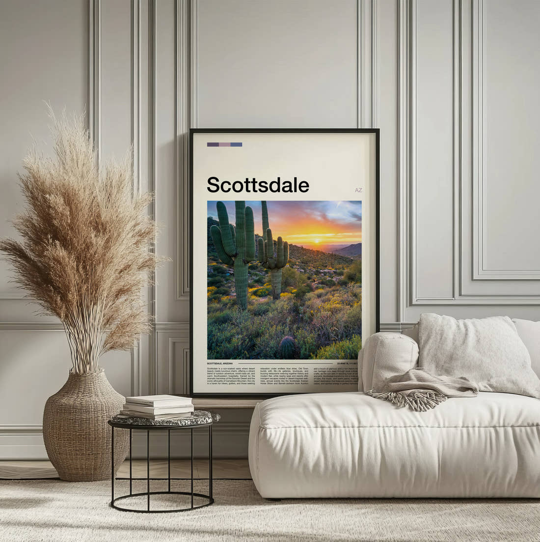 Scottsdale Desert Cacti At Sunset Travel Print framed on the wall of a calm, neutral bedroom