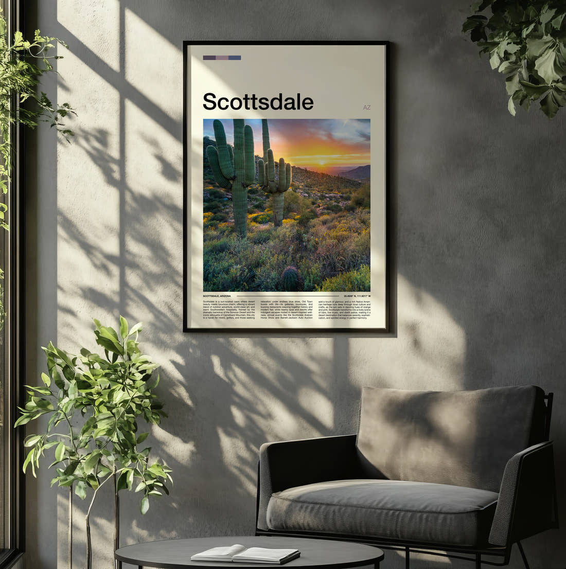 Scottsdale Desert Cacti At Sunset Travel Print framed on the wall of a relaxed living room