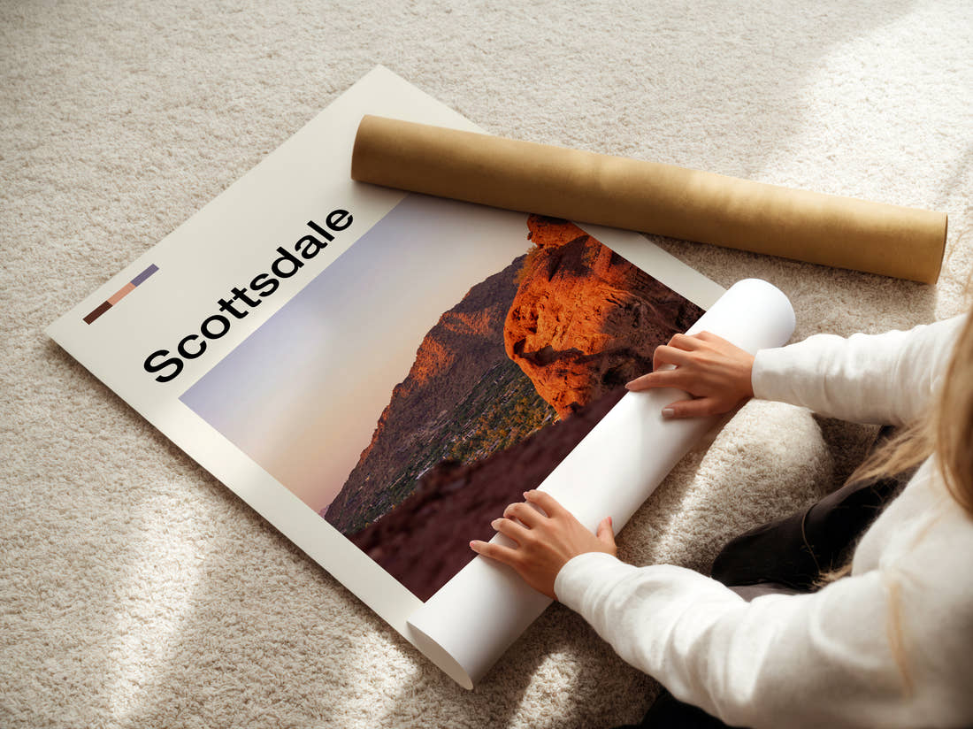Scottsdale Red Rock Mountain Travel Print being unrolled from its postal tube